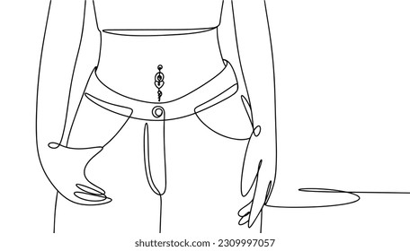 Girl with navel piercing. International Body Piercing Day. One line drawing for different uses. Vector illustration.
