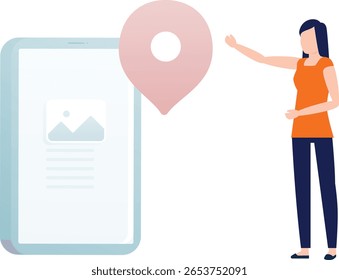 Uma menina com um alfinete de navegação está de pé com confiança, segurando o alfinete com uma determinada expressão, simbolizando a direção, exploração e jornada.
