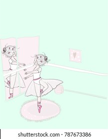The girl is near the ballet machine. A beautiful fluffy dress and pointe shoes. A little child dances to classical music.
