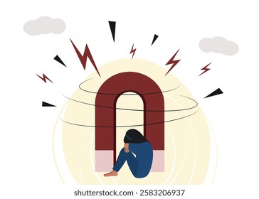 Girl near a big magnet. Magnetic storm concept. Feeling unwell, headache. Flat illustration for education, medical banner, poster.
