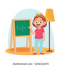 girl near the blackboard with chalk in hand is engaged in mathematics vector illustration