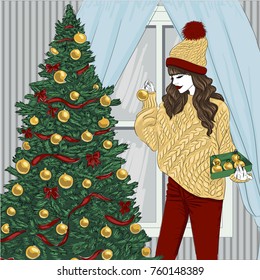 girl near christmas tree