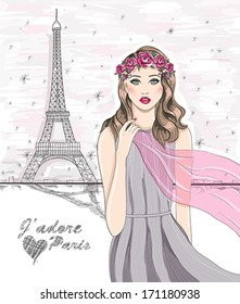 girl near eiffel tower drawn paris postcard translation i love