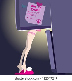 Girl near the fridge. Vector illustration