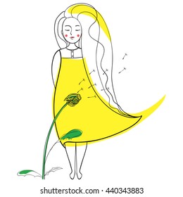 Girl near leafless dandelion