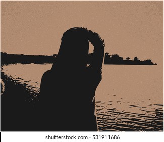 Girl near the river. Dawn.  Vintage poster. Silhouette. Creative poster with a girl.  graphic print 