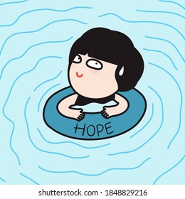 Girl Need Help While Floating In Lifebuoy With Words Hope On It Concept Card Character illustartion
