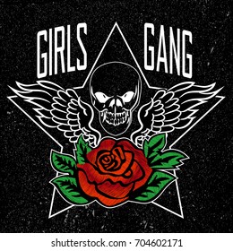 Girl Need to Support Girls Slogan, clothes for T-shirt with printed graphic design. Stickers, embroidery, applique in the style of ancient breeds. Background rose