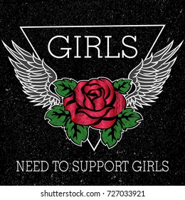 Girl Need to Support Girls Slogan, clothes for T-shirt with printed graphic design. Stickers, embroidery, applique in the style of ancient breeds. Background rose