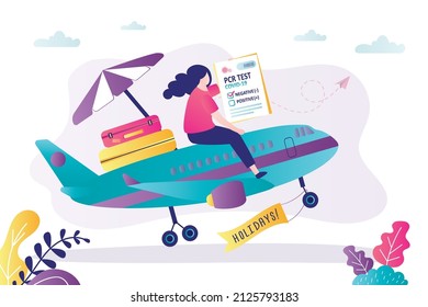 Girl with negative test flies away on vacation. Tourist holding pcr for covid-19 with result. Woman riding airplane flies for holiday. New norms for travel during coronavirus. Flat vector illustration