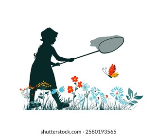 A girl with a net catches butterflies. hand drawn. Not AI, Vector illustration.