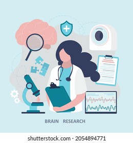Girl neurologist in white coat with stethoscope. Doctor conducts research on brain, nervous system. Diagnosis of diseases. Various medical instruments. Magnetic resonance imaging. Vector illustration