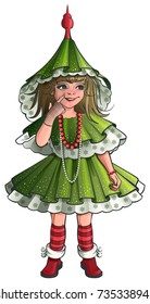 Girl New Year costume green Christmas tree. Isolated on white vector cartoon illustration
