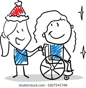 Girl in a new year hat helping friend in a wheelchair.
Girl hand drawn doodle line art cartoon design character - isolated vector illustration outline of man
