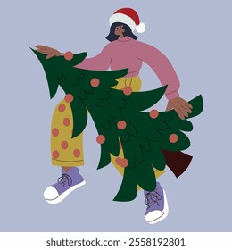 A girl in a New Year's cap with a Christmas tree. Holiday vector illustration.