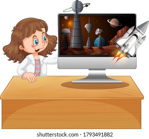 Girl next to computer with space background illustration