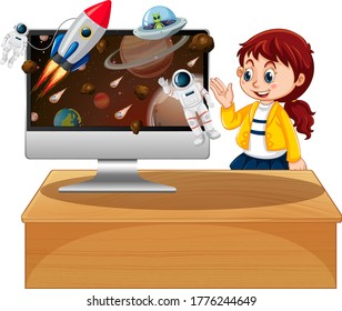 Girl next to computer with space desktop background illustration