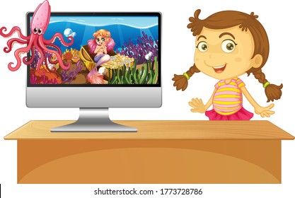 Girl next to computer with underwater scene on screen illustration