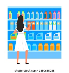 Girl next to the counter. Supermarket sales and discounts. Shopping in the store. Woman in the shop is buying detergents. Female character shopping with a choice between cleaning powders and liquids