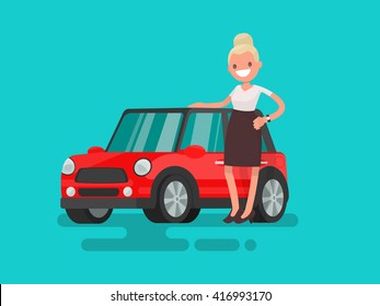 Girl Next Small Red Car Vector Stock Vector (Royalty Free) 416993170 ...