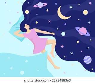 Girl with night dream universe. Woman universe in hair. Modern flat character. Woman character in dream. Abstract astrology concept in flat graphic vector illustration.