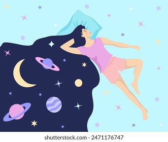 Girl with night dream universe. Woman universe in hair. Modern flat character. Woman character in dream. Abstract astrology concept in flat graphic vector illustration.