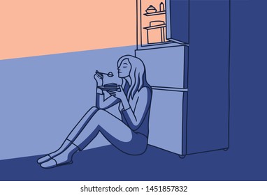 Girl at night eating a cake from the fridge. Insomnia at night in darkness night kitchen room. Cartoon style vector illustration.