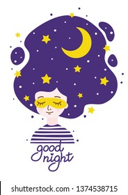 Girl with night sky in hair - concept of calm and sleep and tranquility