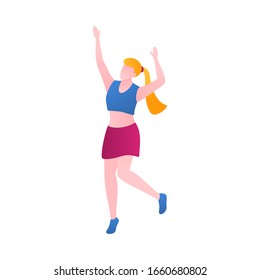 A girl in the nightclub, flat vector illustration. Woman dancing and perform having fun in a nightclub at a party. A young woman in movement on the dance floor isolated on a white background.