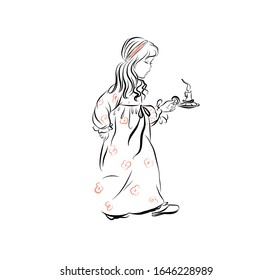 Girl in nightgown goes to bed carrying candlestick with burning candle. 