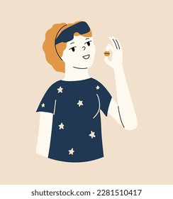 A girl in a nightgown holds a sleeping pill or magnesium in her hand. The concept of prevention of insomnia, anxiety disorders. Vector illustration in flat style