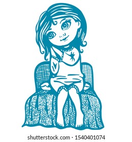 A girl in a nightgown is sitting on the edge of the bed, she folded her hands together and put them to her tilted head, showing with this gesture that she wants to sleep