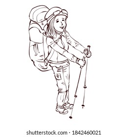 Girl nordic walking at winter time. Hand drawn vector.