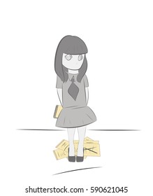 Girl with notebook thinks the idea. the concept of work on the idea. vector illustration.