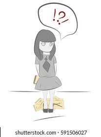Girl with notebook thinks the idea. the concept of work on the idea. vector illustration.