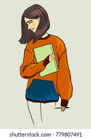 Girl with a notebook vector illustration hand drawing a smiling pencil in her hand