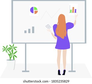 A girl with notes and chart, graphs in her hands with gloves. Business idea. Concept of analysis, promotion, optimization assistance, distance learning, communication. Flat vector illustration.