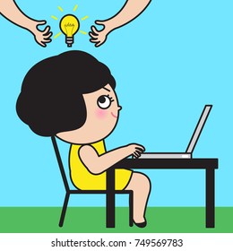 Girl Noticing Someone Going To Steal Her Light Bulb Idea Concept Card Character illustration