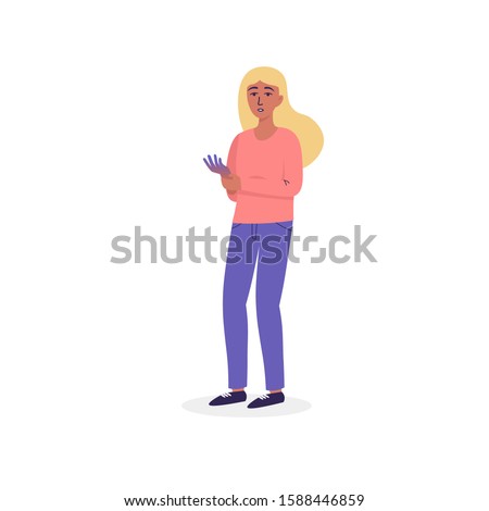 Girl with numb hand. Flat vector cartoon modern illustration character isolated. Symptom of Neurological Disease.