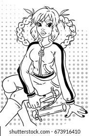 A girl with nunchuck line, vector.