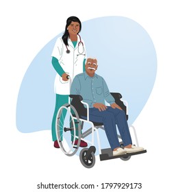 A girl nurse rolls a wheelchair with a patient. Disabled man. Indian woman and old man vector illustration.