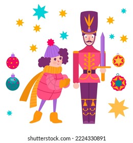 A girl and nutcracker. Christmas vector illustration. Can be used as postcard, wall decoration, gift, sticker.