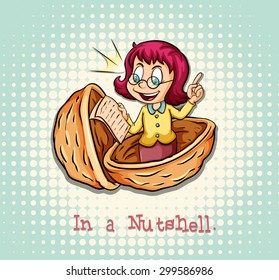 Girl in a nutshell idiom illustration