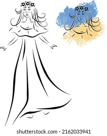 Girl nymph dressed dress vector colored illustration. Sketch with watercolor swatches. Ukrainian flag colors
