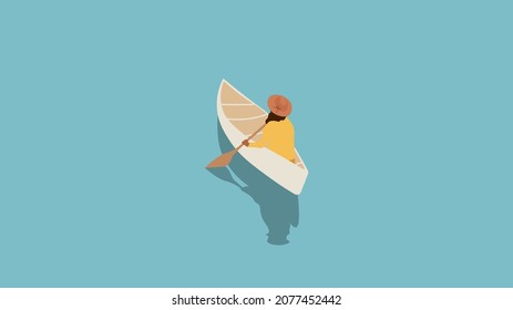 Girl with an oar in the boat. The water is perfectly smooth and calm. Vector illustration.