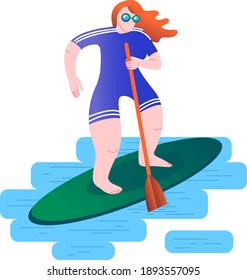 girl oarsman with red hair on a surfboard 