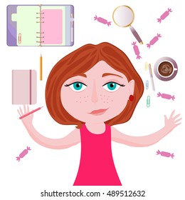 Girl and objects Office: notepad, notebook, coffee, pencils, pens. Vector illustration on white background.