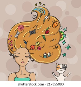 girl with objects and tricolor cat