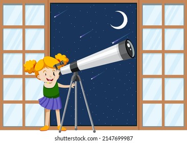 Niña observa el cielo nocturno con ilustración del telescopio