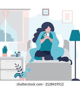 Girl observes bed rest during illness, infection. Different cold medicines on bedside table. Sick female character sitting on bed. Bedroom interior design. Woman drink hot tea. Vector illustration